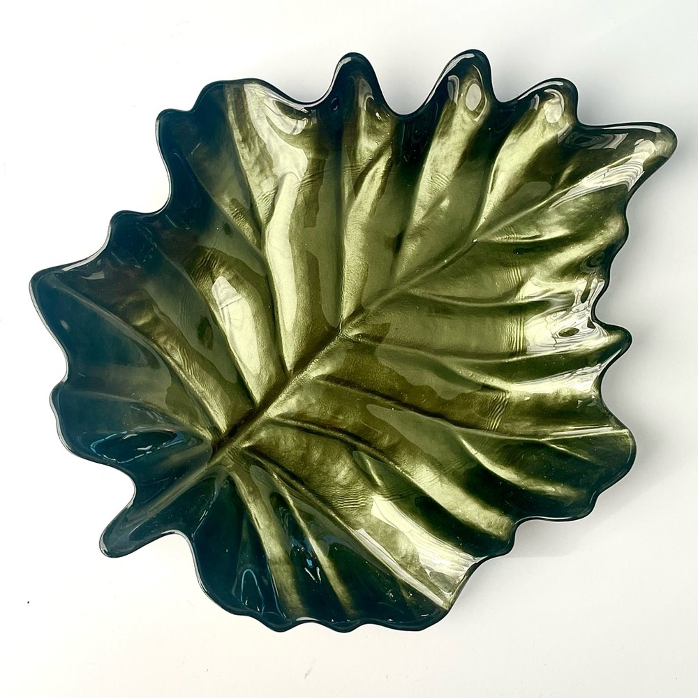 Dark Olive Green Leaf Shaped Glass Plate